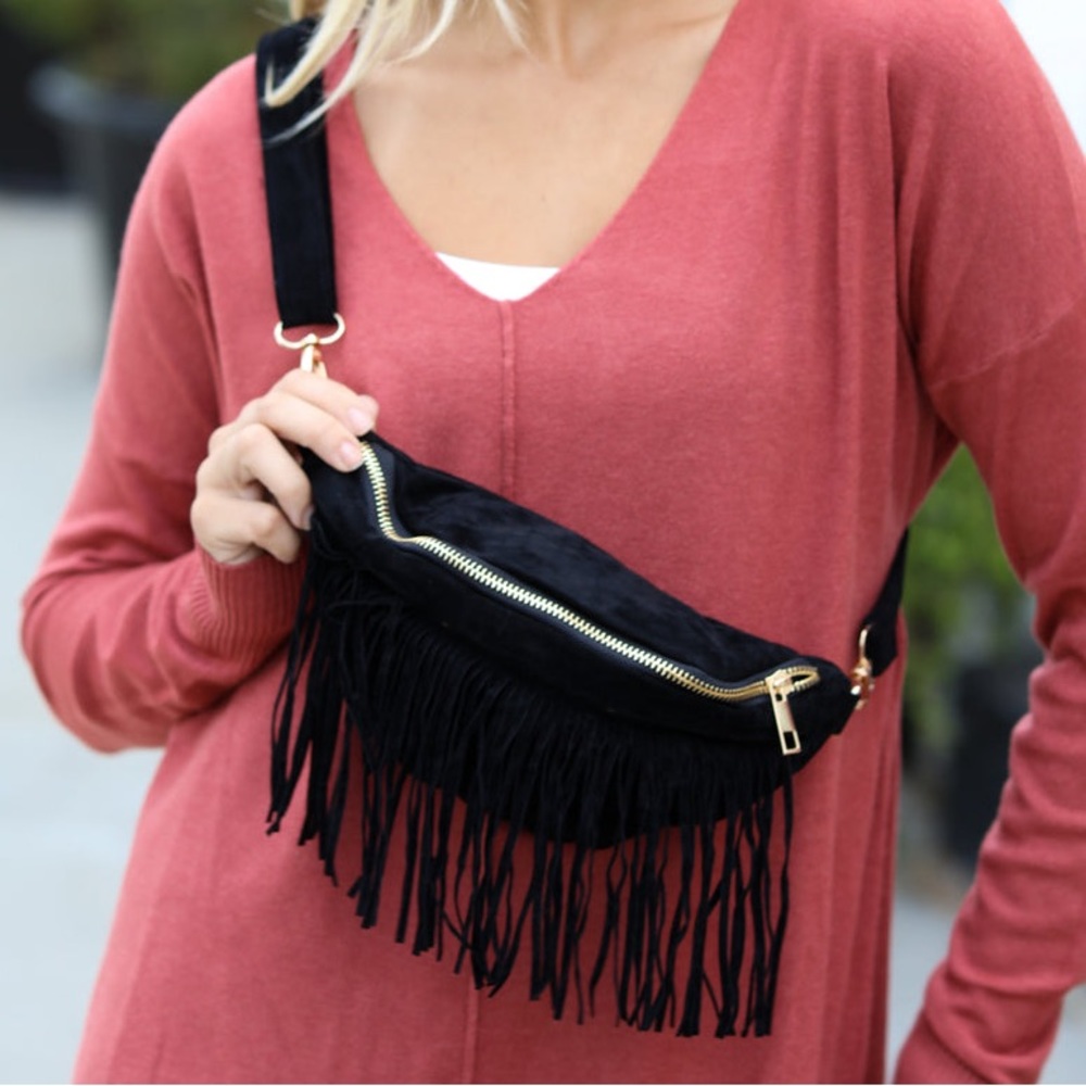 Black Faux Suede Fringe Convertible Fanny/Sling Bag